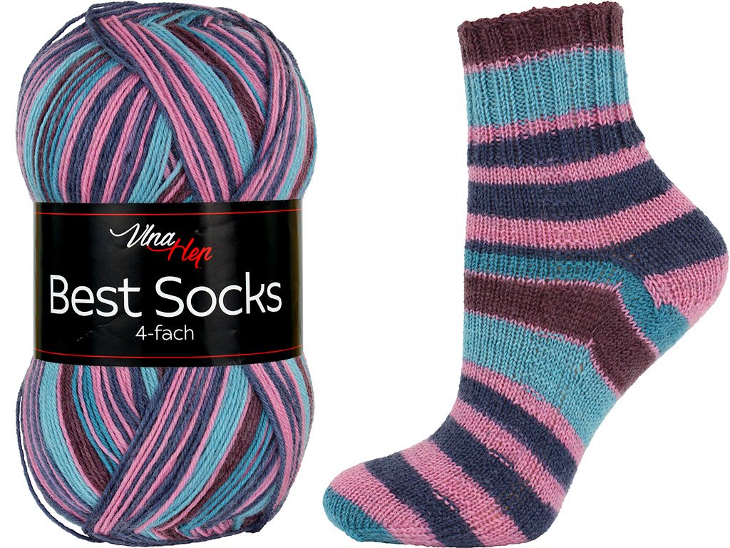ponožková příze Best Socks 4 fach ( Vlna Hep) 7351- hnědorůžovotyrkys
