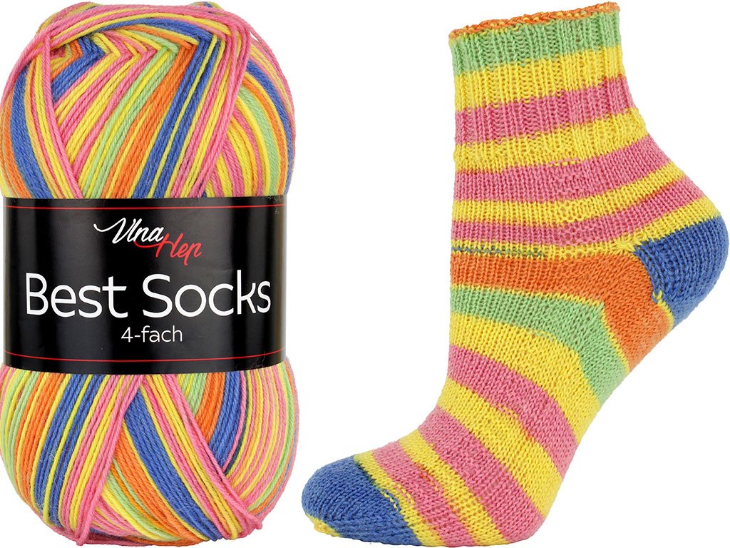 ponožková příze Best Socks 4 fach ( Vlna Hep) 7357- modrožlutooranžovorůžová